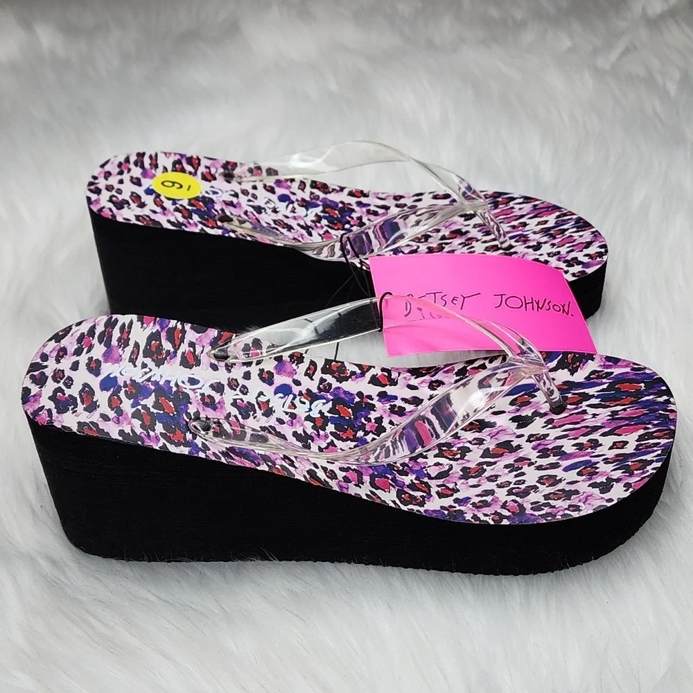 Betsey Johnson Leopard Print Wedge Platform Sandals with Clear Straps